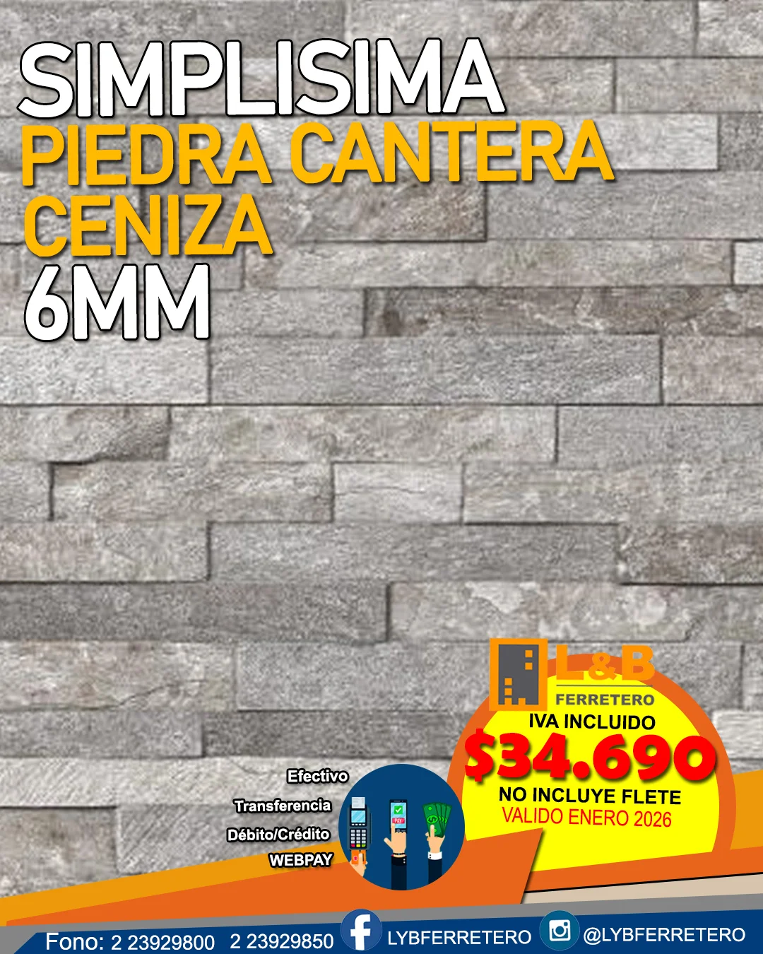 Simplisima Piedra Cantera Ceniza 6MM 1.20x2.40