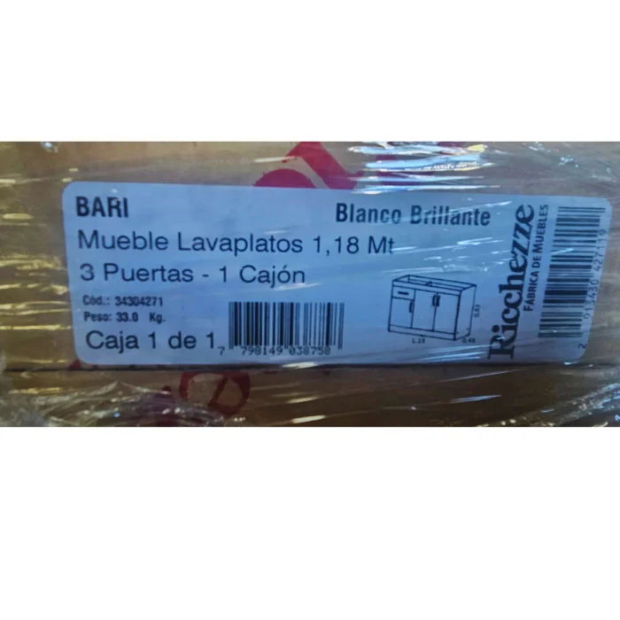 Mueble Lavaplatos Blanco Brillo 3puertas 1Cajon 1,18Mts