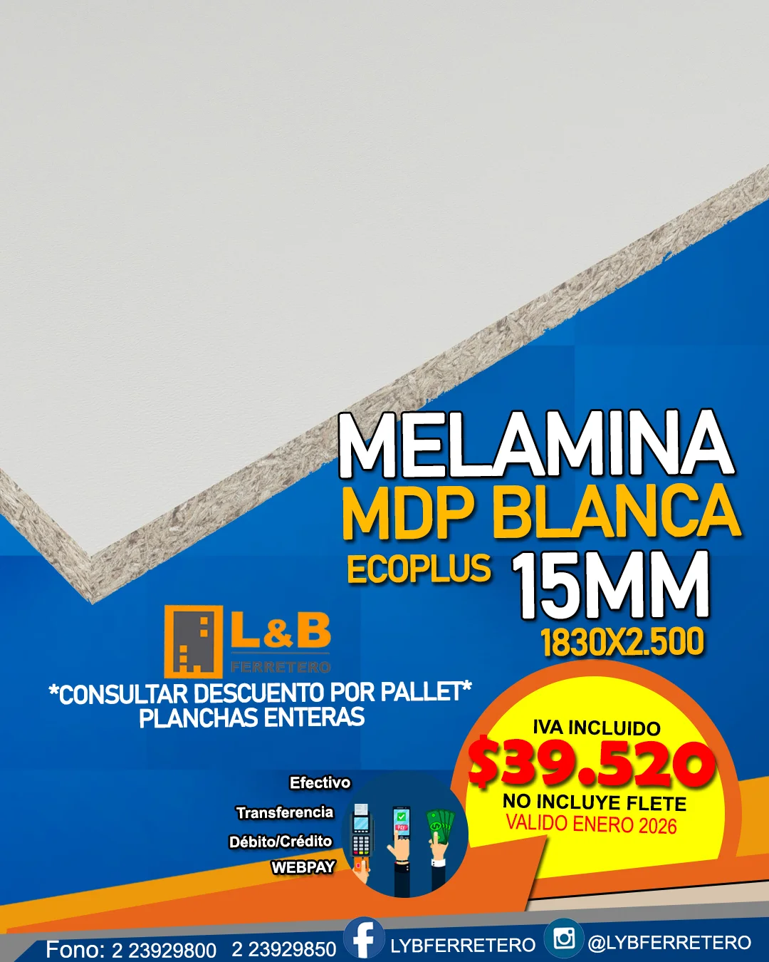 Melamina Masisa EcoPlus MDP Blanca 15mm 1830x2500