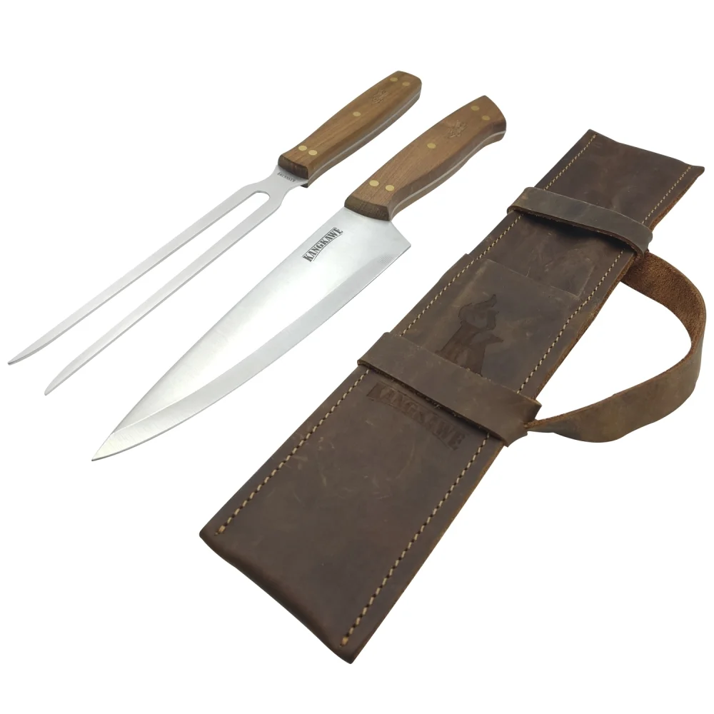 Set TENEDOR + CUCHILLO Parrillero F/Cuero Café Rustico