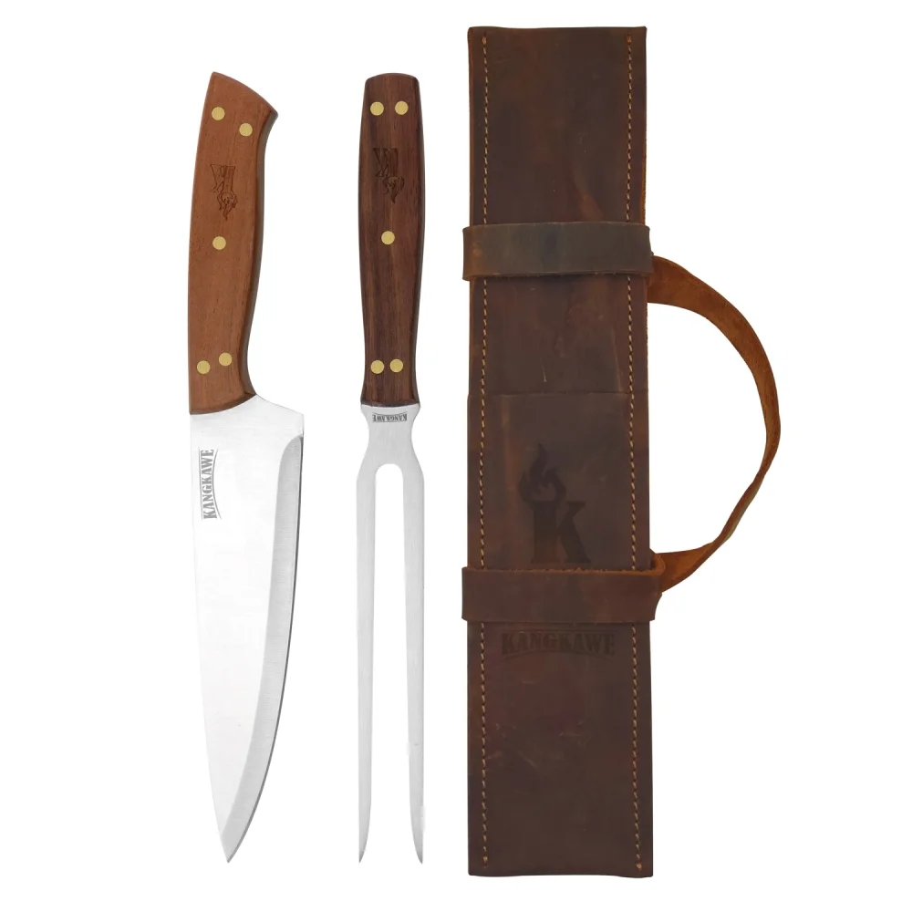 Set TENEDOR + CUCHILLO Parrillero F/Cuero Café Rustico